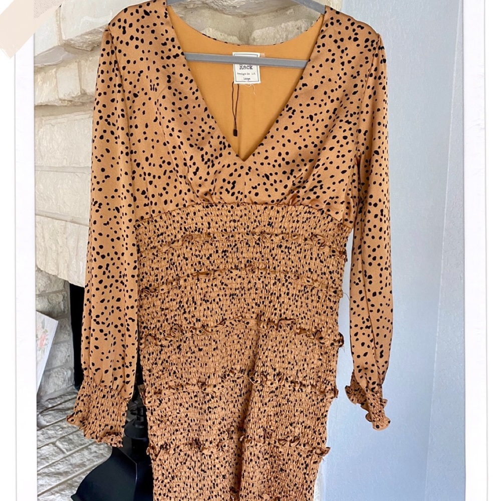 Brown black polka dot smocked dress